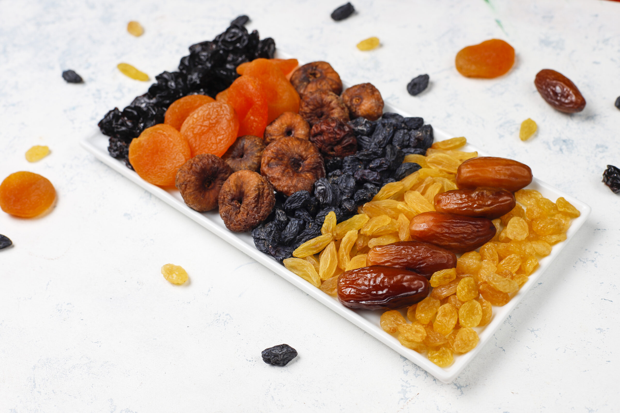 Various dried fruits,dates,plums,raisins,figs,top view